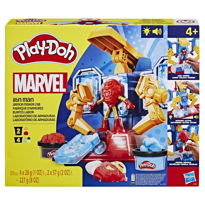 HASBRO Play-Doh Marvel Iron Man - Laboratoire d'Armures avec Figure, Moulages, Plastilina et Effets Lumineux - Jeu Créatif Enfant +4 Ans