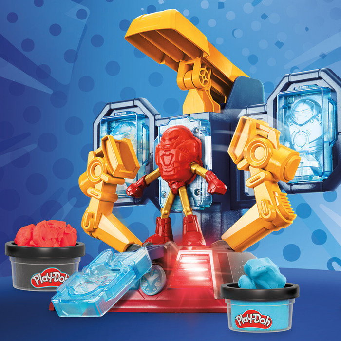 HASBRO Play-Doh Marvel Iron Man - Laboratoire d'Armures avec Figure, Moulages, Plastilina et Effets Lumineux - Jeu Créatif Enfant +4 Ans