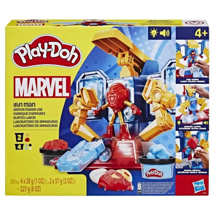 Play-Doh Coffret Fabrique d'Armures Iron Man avec Figurine et Pâte à Modeler - Sons et Lumières - Jouet d'Imagination Marvel - Dès 4 ans