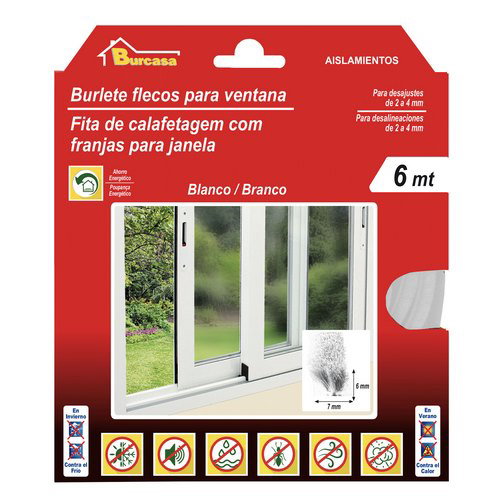 Burcasa Burlete à franges pour fenêtre coulissante 0,07x0,06 - 6m Blanc