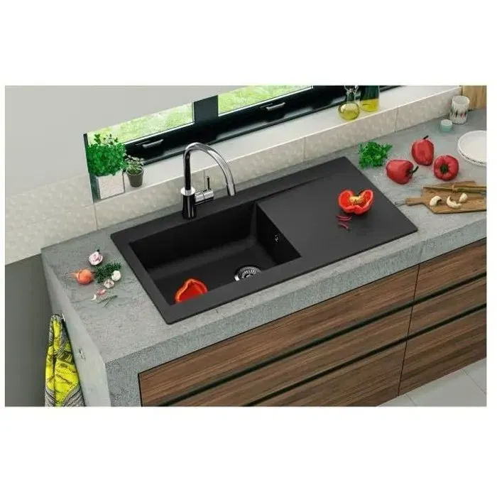 Stradour Lierra Évier à encastrer en résine 1 grande cuve, 1000 x 500 mm, Noir, Fabrication française