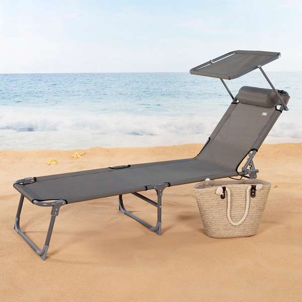 Color Baby Tumbona plegable avec parasol textilene gris Aktive, chaise longue pliante avec capote, dimensions 193 x 53 x 30/75 cm