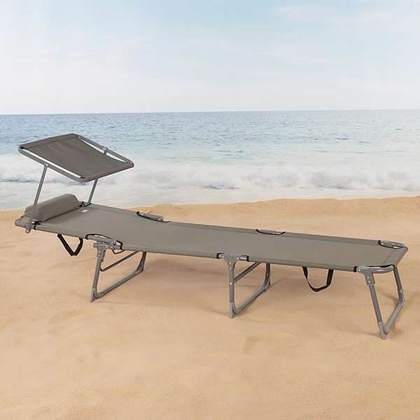 Color Baby Tumbona plegable avec parasol textilene gris Aktive, chaise longue pliante avec capote, dimensions 193 x 53 x 30/75 cm