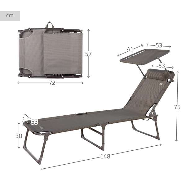 Color Baby Tumbona plegable avec parasol textilene gris Aktive, chaise longue pliante avec capote, dimensions 193 x 53 x 30/75 cm