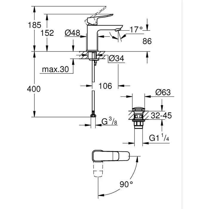 Grohe DICE Taille S CH3 Chrome - Mitigeur de lavabo design moderne, cartouche céramique SilkMove, vidage clic-clac, débit 5 l/min à 3 bars
