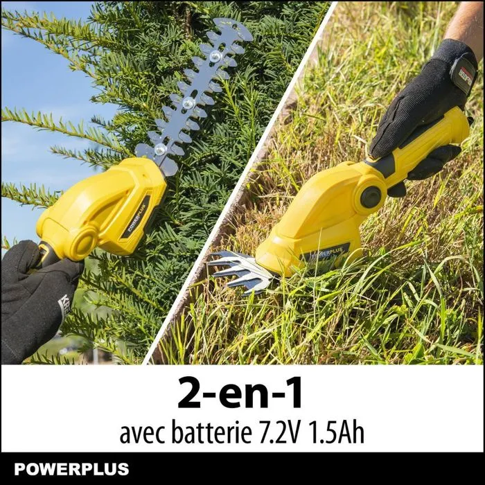 Powerplus CISAILLE À GAZON ET SCULPTE-HAIE SUR BATTERIE 7.2 V POWXG2033 - Largeur coupe 100 mm, Lame taille-haie 180 mm, Vitesse 1200 min-1