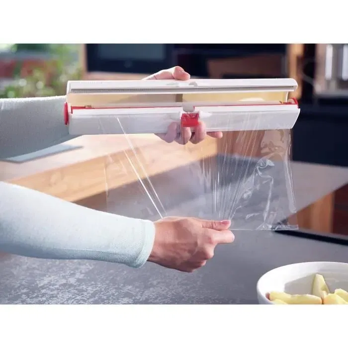 Leifheit - Dérouleur coupe-film Perfect Cut 23051, pour film alimentaire et papier aluminium jusqu'à 33 cm, coupe nette et précise, facile à utiliser, blanc