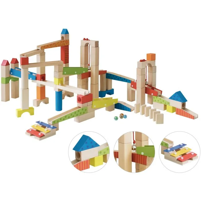 ROBA Circuit à Billes en Bois - 80 Briques, 20 Billes Verre - Effets Sonores - Développe Motricité et Créativité - Couleurs Naturel, Rouge, Bleu, Vert