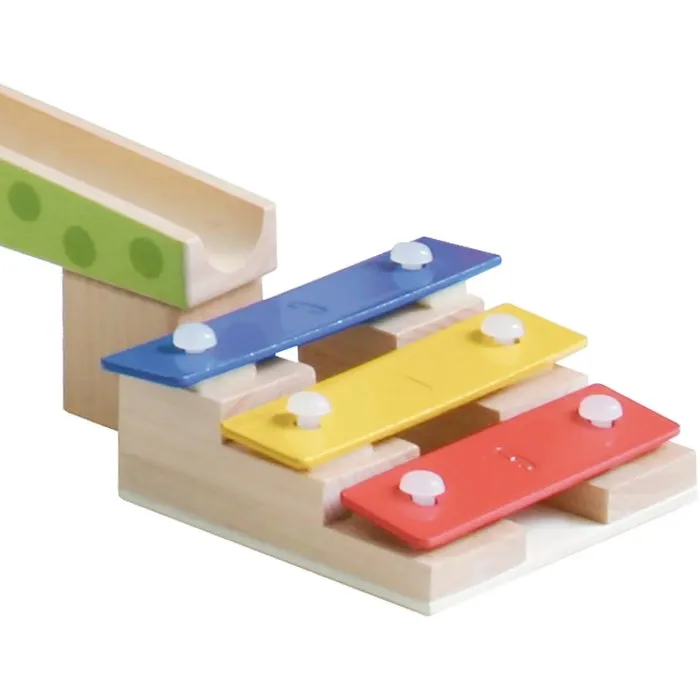 ROBA Circuit à Billes en Bois - 80 Briques, 20 Billes Verre - Effets Sonores - Développe Motricité et Créativité - Couleurs Naturel, Rouge, Bleu, Vert