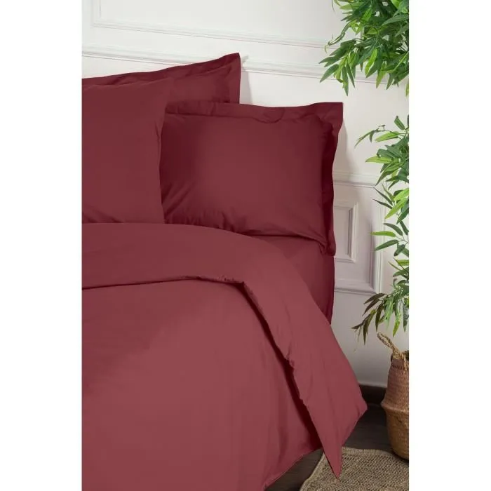 Parure de lit 100% coton renforcé, 1 housse de couette 240 x 220 cm + 2 taies d'oreiller 60 x 60 cm, fermeture boutons et enveloppe, couleur Bordeaux
