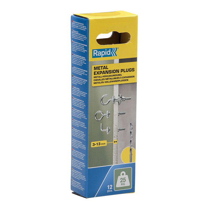 Rapid Lot de 12 Chevilles à Expansion Métal pour Cloison Plâtre 3-13mm avec Vis Crochet Mural, Gond et Piton, Charge Max 25 kg