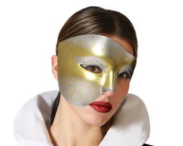 Venecia Masque vénitien pour femme adulte, masque noble Baroque en argenté avec doré et détails dentelle noire