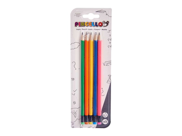 Pincello Set de 5 crayons fluo avec gomme et dimensions 8 x 24.5 x 0.5 cm (Set de 48)