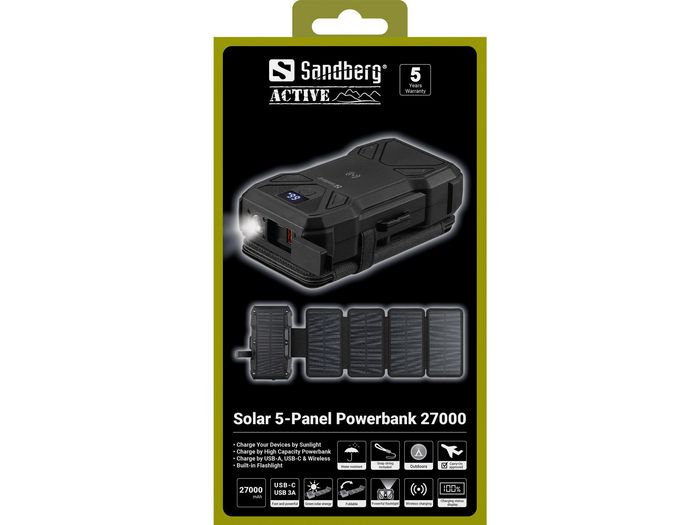 Sandberg Solar 5-Panel Powerbank 27000 – Batterie externe solaire portable 27000 mAh avec panneaux solaires, ports USB-A, USB-C et charge sans fil
