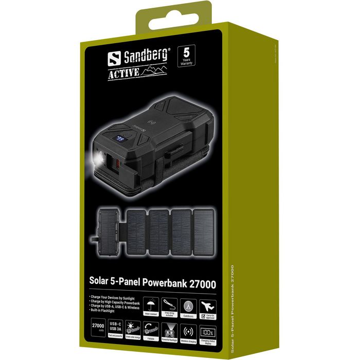 Sandberg Solar 5-Panel Powerbank 27000 – Batterie externe solaire portable 27000 mAh avec panneaux solaires, ports USB-A, USB-C et charge sans fil