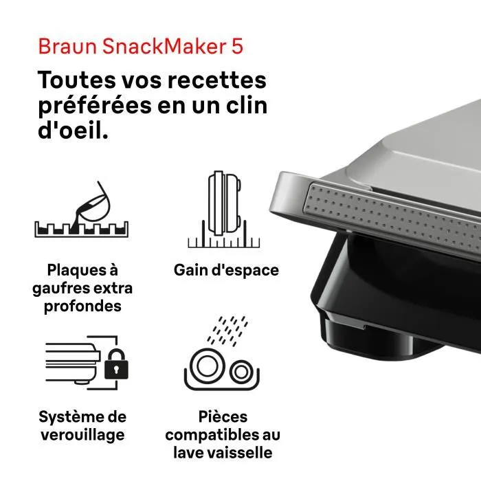 Braun SM5006 Grill à Sandwich Maker 5 - 800 W, Plaques Amovibles Compatibles Lave-Vaisselle, Inox et Noir