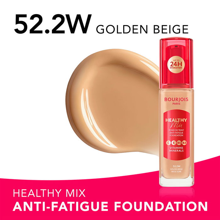 Bourjois - Fond de teint Healthy Mix Clean, base de maquillage, nuance 52.2W Beige doré, 30 ml, 85% d'ingrédients d'origine naturelle, formule vegan