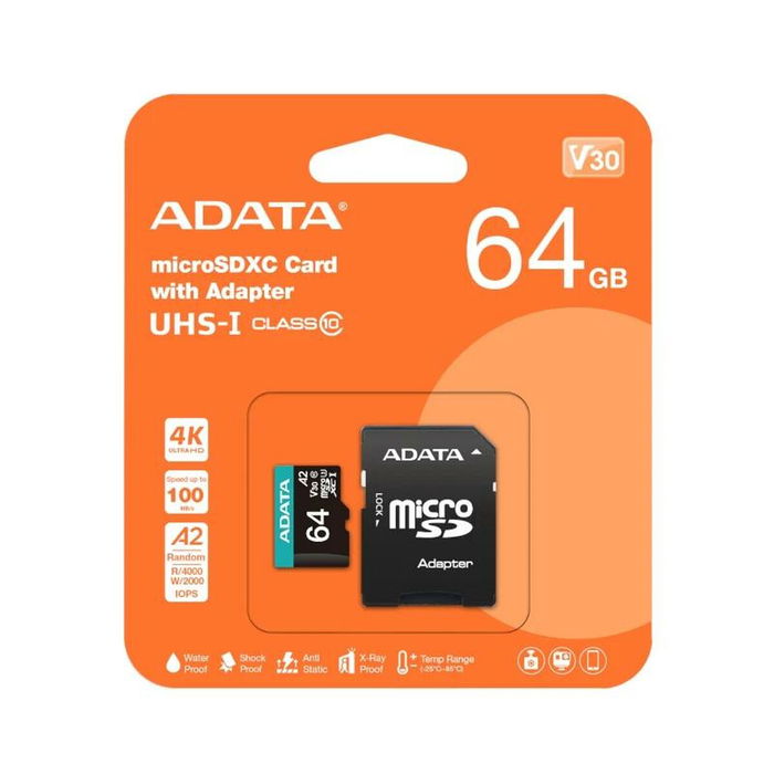 Carte Micro SD Adata AUSDX64GUI3V30SA2 64 GB Carte Micro SD Adata AUSDX64GUI3V30SA2 64 GB