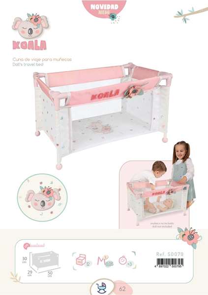 Decuevas Lit Bébé de Voyage Koala Rose pour Poupées jusqu'à 46 cm Decuevas Lit Bébé de Voyage Koala Rose pour Poupées jusqu'à 46 cm