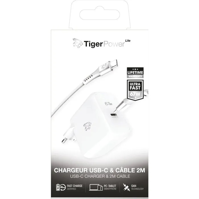 Tiger Lite Chargeur secteur LITE PACK GaN 67W avec câble USB-C 2 m - Blanc Tiger Lite Chargeur secteur LITE PACK GaN 67W avec câble USB-C 2 m - Blanc
