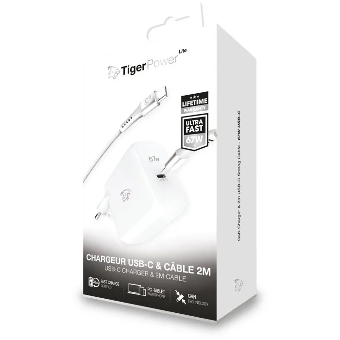 Tiger Lite Chargeur secteur LITE PACK GaN 67W avec câble USB-C 2 m - Blanc Tiger Lite Chargeur secteur LITE PACK GaN 67W avec câble USB-C 2 m - Blanc