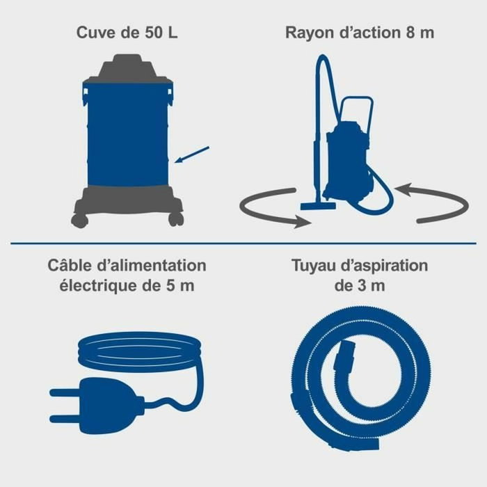 Scheppach VC50 Aspirateur eau et poussière, Cuve inox 50L, 2000W Scheppach VC50 Aspirateur eau et poussière, Cuve inox 50L, 2000W