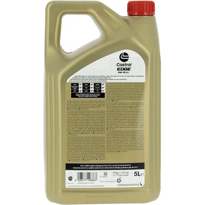 Castrol Huile Moteur EDGE 0W-30 LL 5L - ACEA C3, Longlife-04, 229.31/229.51, VW 504 00/507 00 - Pour Moteurs Essence, Diesel, Hybrides Castrol Huile Moteur EDGE 0W-30 LL 5L - ACEA C3, Longlife-04, 229.31/229.51, VW 504 00/507 00 - Pour Moteurs Essence, Diesel, Hybrides