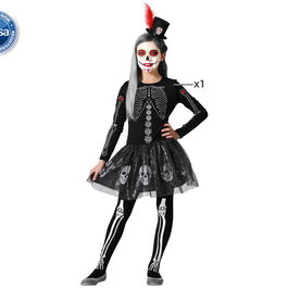 Déguisement Esqueleto Fille 5-6 Ans Costume Squelette Brillant avec Falda et Détails Crânes Noir Halloween
