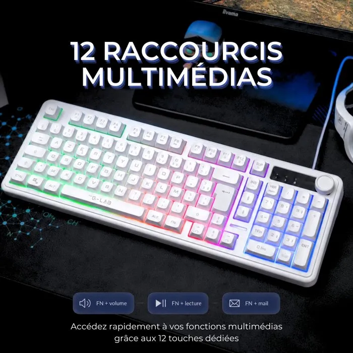 The G-Lab KEYZ CAESIUM EX - Clavier gamer membrane Rainbow - Blanc
