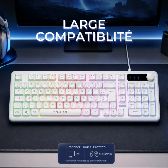The G-Lab KEYZ CAESIUM EX - Clavier gamer membrane Rainbow - Blanc