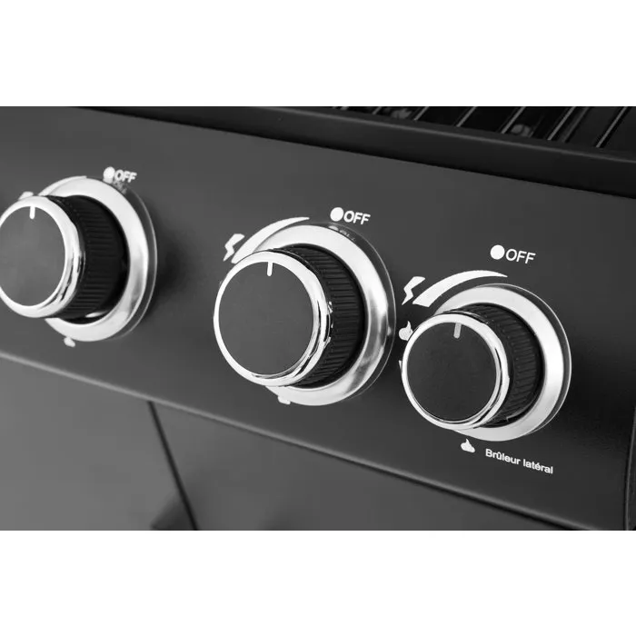 Cookingbox Barbecue à gaz Paarl - 4 brûleurs + 1 latéral, surface 60x42 cm, grille maintien au chaud, acier, chariot avec rangement et roues