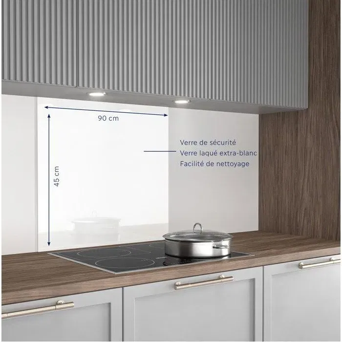 Aurys Crédence Fond de Hôtte en Verre de Sécurité Extra Blanc Laqué Blanc 900 x 450 mm Épaisseur 6 mm - Protection Durable pour Cuisine