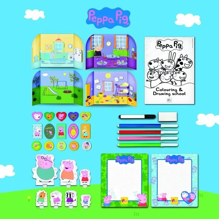 Lisciani Giochi Sac à dos d'école de dessin Peppa Pig avec feutres, cahier de coloriage, tableau effaçable et autocollants - Pour enfants à partir de 3 ans