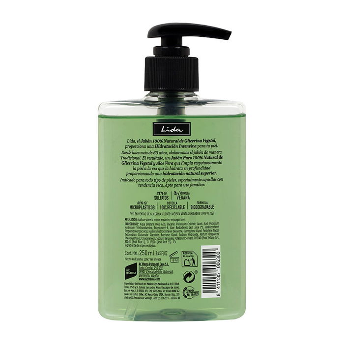 Lida Savon Mains 100% Naturel Glycérine et Aloe Vera Hydratant 250 ml