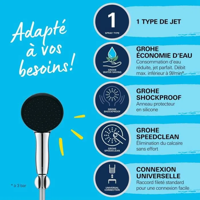 GROHE Vitalio Start 110 27944001 - Ensemble de douche avec pommeau 1 jet Pluie (11 cm), support mural universel et flexible 1,75 m - Procédé anti-calcaire