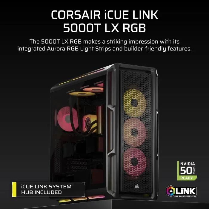 Corsair Boîtier PC 5000T LX RGB - Moyen Tour Noir - iCUE LINK - Ventilateurs et éclairage Aurora RGB inclus Corsair Boîtier PC 5000T LX RGB - Moyen Tour Noir - iCUE LINK - Ventilateurs et éclairage Aurora RGB inclus
