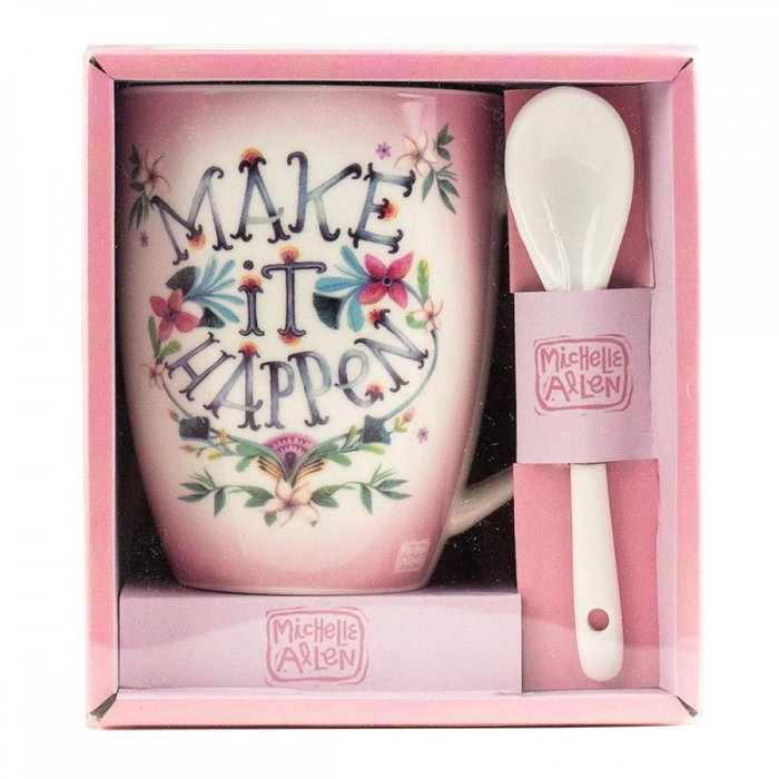Enesco Tasse avec cuillère Make It Happen - Décoration florale - Céramique - Message motivationnel Enesco Tasse avec cuillère Make It Happen - Décoration florale - Céramique - Message motivationnel