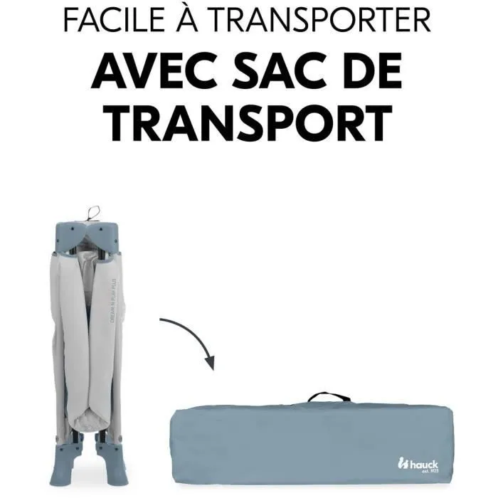 Hauck Lit de voyage Dream 'N Play Plus 60 x 120 cm - Dès la naissance - Pliable - Bleu poussiéreux - Avec ouverture latérale et ventilation en filet
