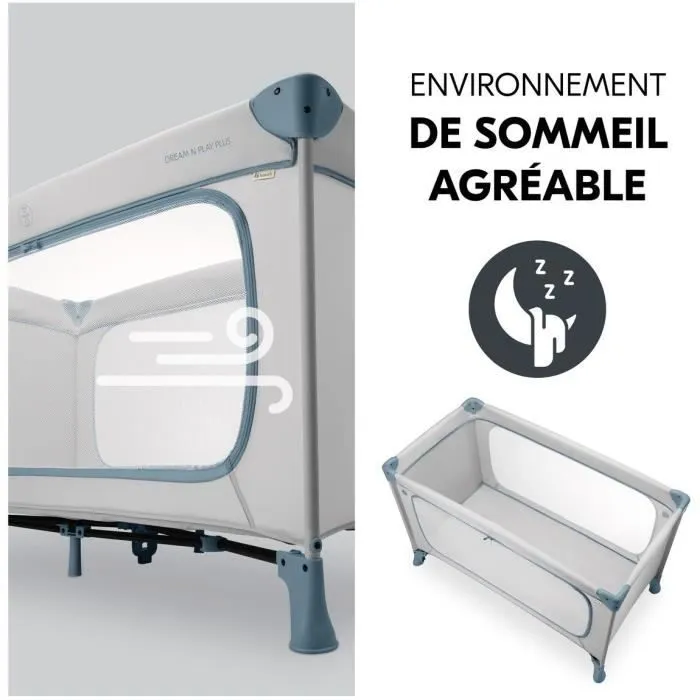 Hauck Lit de voyage Dream 'N Play Plus 60 x 120 cm - Dès la naissance - Pliable - Bleu poussiéreux - Avec ouverture latérale et ventilation en filet