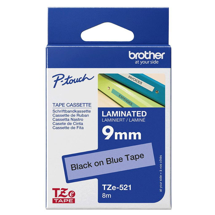 Brother TZE521 Ruban d'étiquetage laminé 9 mm x 8 m, Bleu/Noir Brother TZE521 Ruban d'étiquetage laminé 9 mm x 8 m, Bleu/Noir