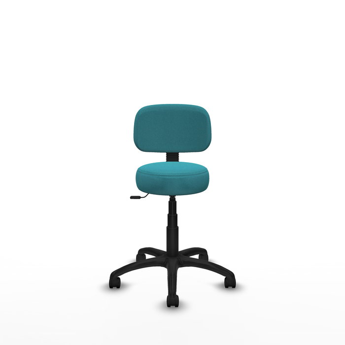 Chaise de bureau Llanos avec mécanisme Contacto Lama, rembourrée de tissu turquoise. Équipée d'une base en polyamide noir, sans accoudoirs et de roulettes en nylon de 50 mm.