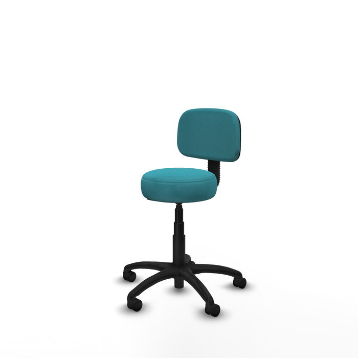 Chaise de bureau Llanos avec mécanisme Contacto Lama, rembourrée de tissu turquoise. Équipée d'une base en polyamide noir, sans accoudoirs et de roulettes en nylon de 50 mm.