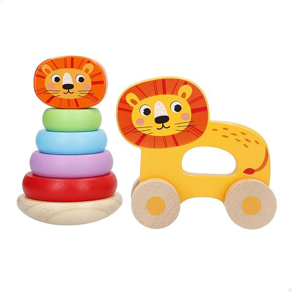 Color Baby - Arrastre Animaux en Bois avec Tours Empilables, 21.5x95x15 cm - Modèles Assortis