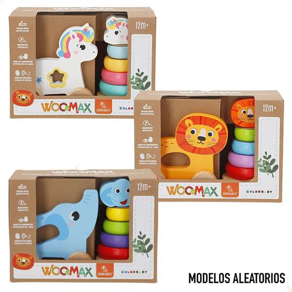 Color Baby - Arrastre Animaux en Bois avec Tours Empilables, 21.5x95x15 cm - Modèles Assortis
