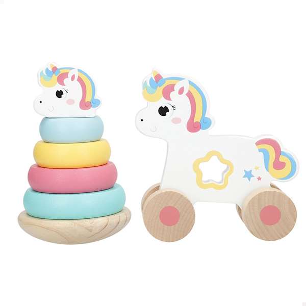 Color Baby - Arrastre Animaux en Bois avec Tours Empilables, 21.5x95x15 cm - Modèles Assortis