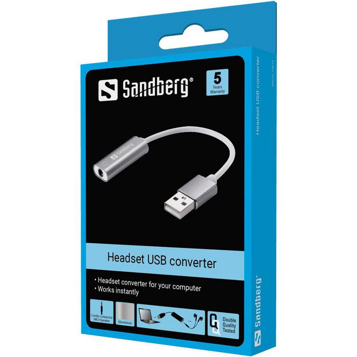 Sandberg Adaptateur USB pour Casque avec Micro, Convertisseur MiniJack 4 Pôles vers USB