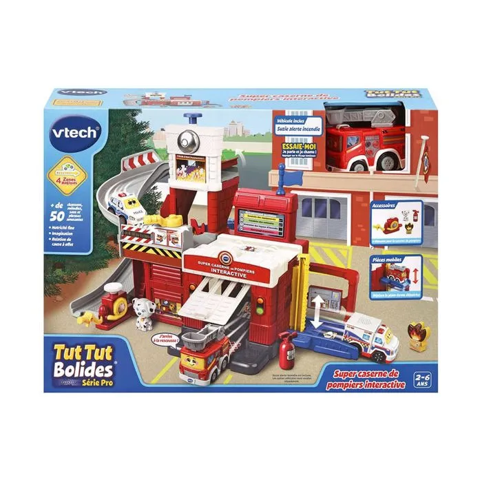 Vtech TUT TUT Bolides - Tour de Sauvetage Caserne - Jouet interactif de pompier avec camion, dalmatien et accessoires - 22 pièces - Rouge - Version française - Dès 18 mois