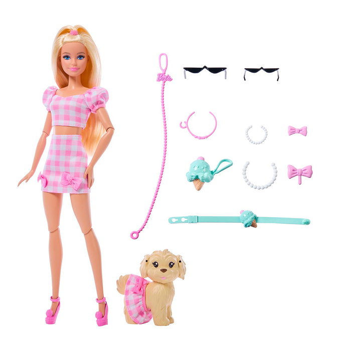 Barbie - Poupée Barbie Twinning Looks Blonde avec Chien et Accessoires - Jouet Mattel - Référence Jfp36 - Dès 3 ans