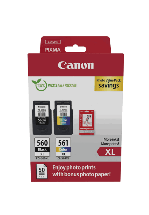 Canon Cartouches d'encre PG-560XL Noir & CL-561XL Couleur avec Papier Photo - Pack Complet pour Impressions Photo Haute Qualité Canon Cartouches d'encre PG-560XL Noir & CL-561XL Couleur avec Papier Photo - Pack Complet pour Impressions Photo Haute Qualité