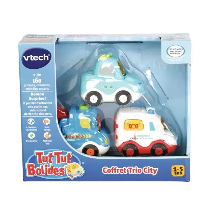 VTECH Tut Tut Bolides Coffret Trio City - Berline, Dépanneuse, Ambulance - Véhicules Lumineux et Parlants pour Enfants - Langue Française